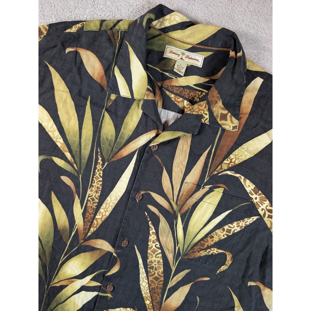 Tommy Bahama Mens Large Silk‎ Camp Shirt Black Tropical Leaf Print Short Sleeve